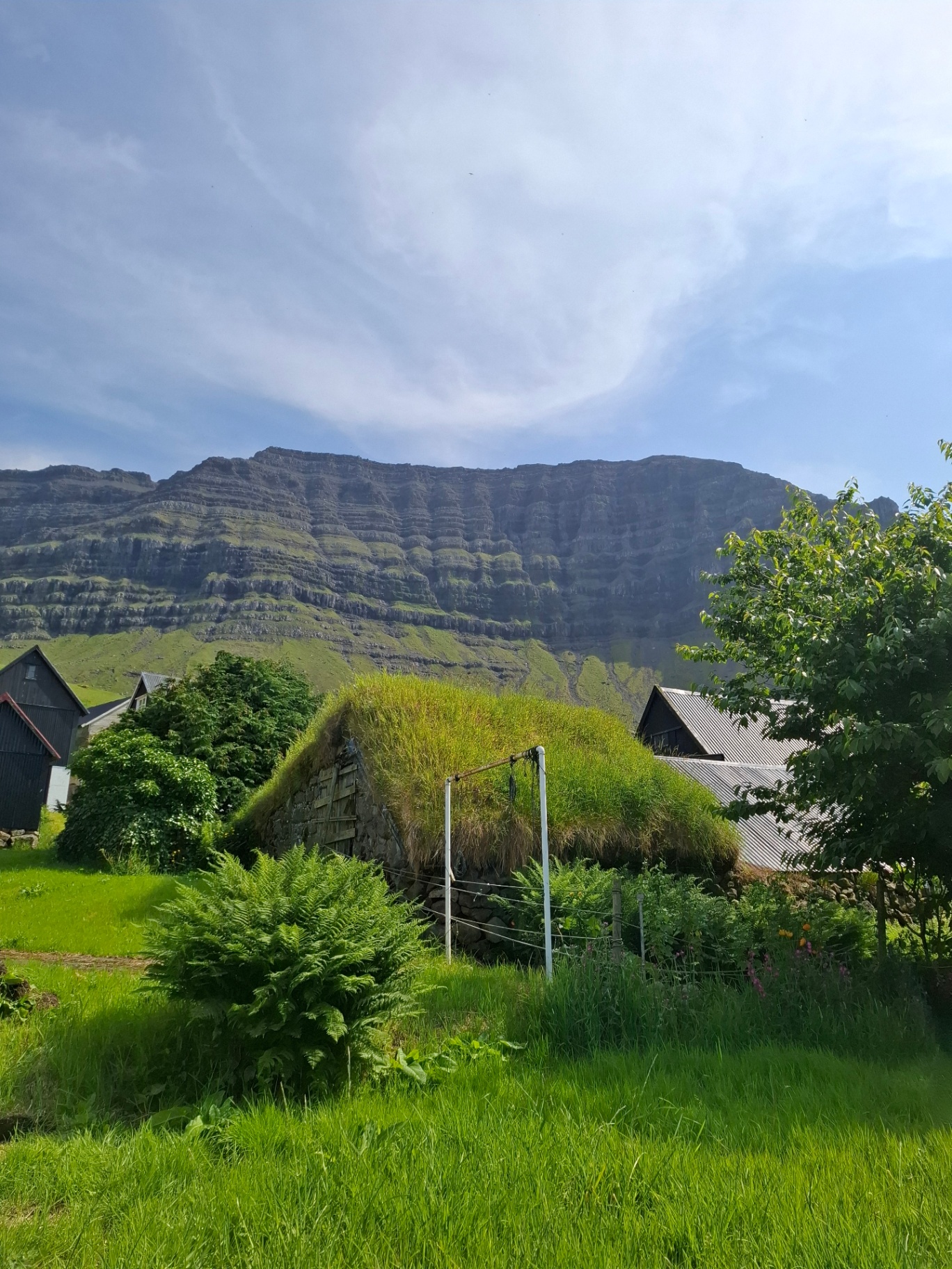 Traditional turf-roofed Faroese houses below a flat-topped mountain